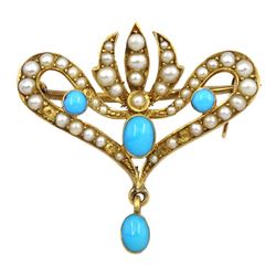 Art Nouveau gold cabochon turquoise and split seed pearl bar brooch, the reverse engraved W.E & E.R.H 1 Dec 1904, stamped 15ct