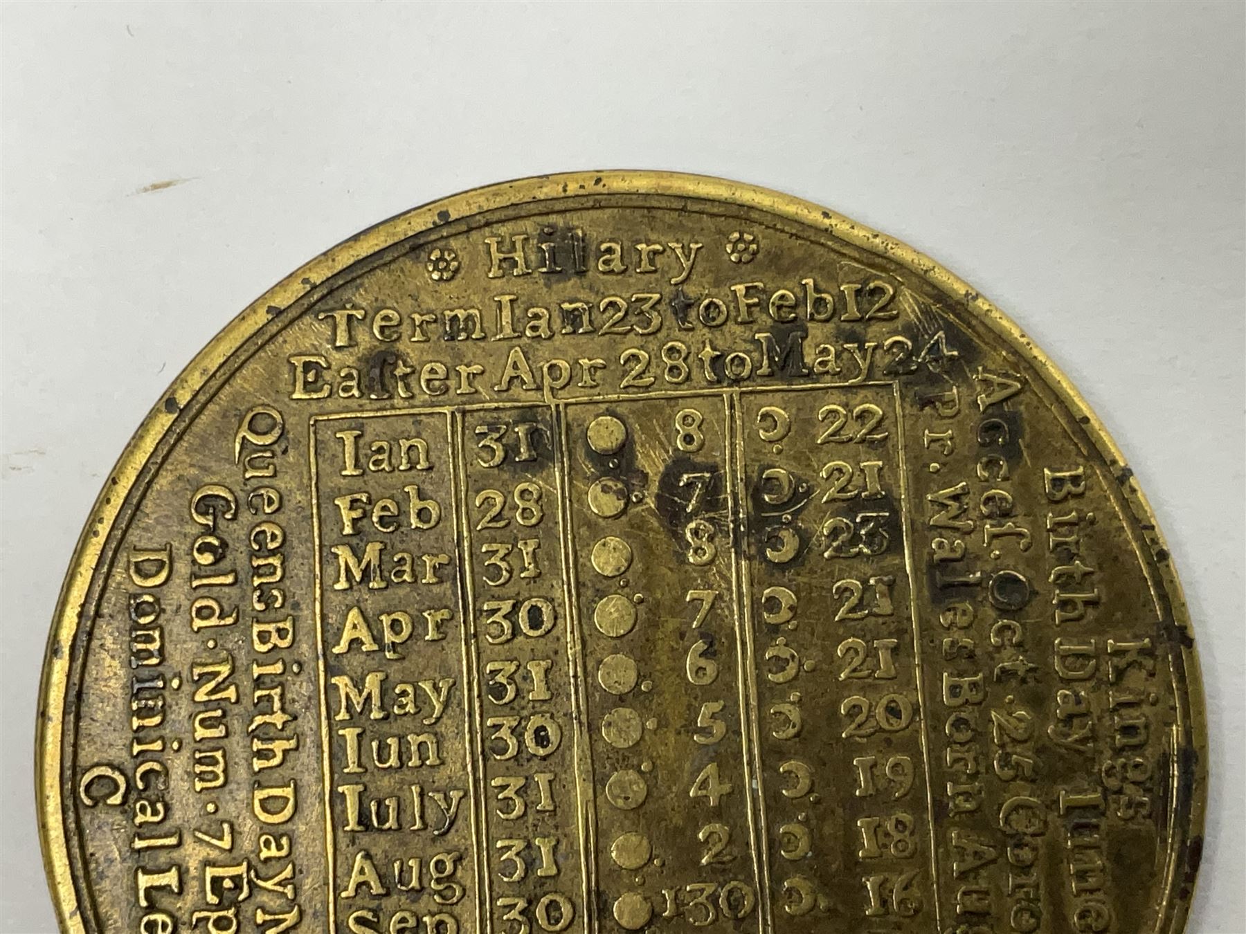 18th century brass calendar medal, for 1756, by John Powell, with moonphase calendar to reverse 