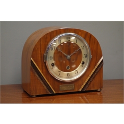  Art Deco walnut cased dome top mantel clock, silvered Arabic chapter with chime/silent lever, with presentation plaque for 1935, triple train chiming movement, with pendulum & key, W26cm  