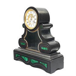 French-Late 19th century Belgium slate mantel clock, 8-day movement housed in a drum case with volutes, cradled within scroll supports and a shaped pendulum viewing glass with a brass surround, stepped plinth with incised decoration and malachite panels, two-piece enamel dial within a cast brass bezel, dial with Roman numerals, minute markers and steel moon hands, visible Brocot dead-beat escapement fitted with cornelian pallets, twin train going barrel movement with rack striking, sounding the hours and half-hours on a bell. With the original twin file mercury pendulum.
 