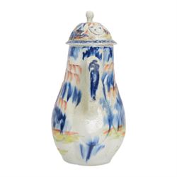 Rare mid 18th century West Pans coffee pot, circa 1764-1770, of baluster form, the moulded six lobed body decorated in underglaze blue with a chinoiserie landscape, picked out in red and green enamel, H26cm