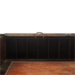 Late 18th century George III mahogany Chippendale design cylindrical roll-top desk carved profusely with geometric and foliate blind-fretwork throughout, the tambour-roll top opening to reveal pigeon holes over an inset red leather writing surface, fitted with two frieze drawers below, raised on square supports with inner chamfer terminating to brass castors, circa 1780s