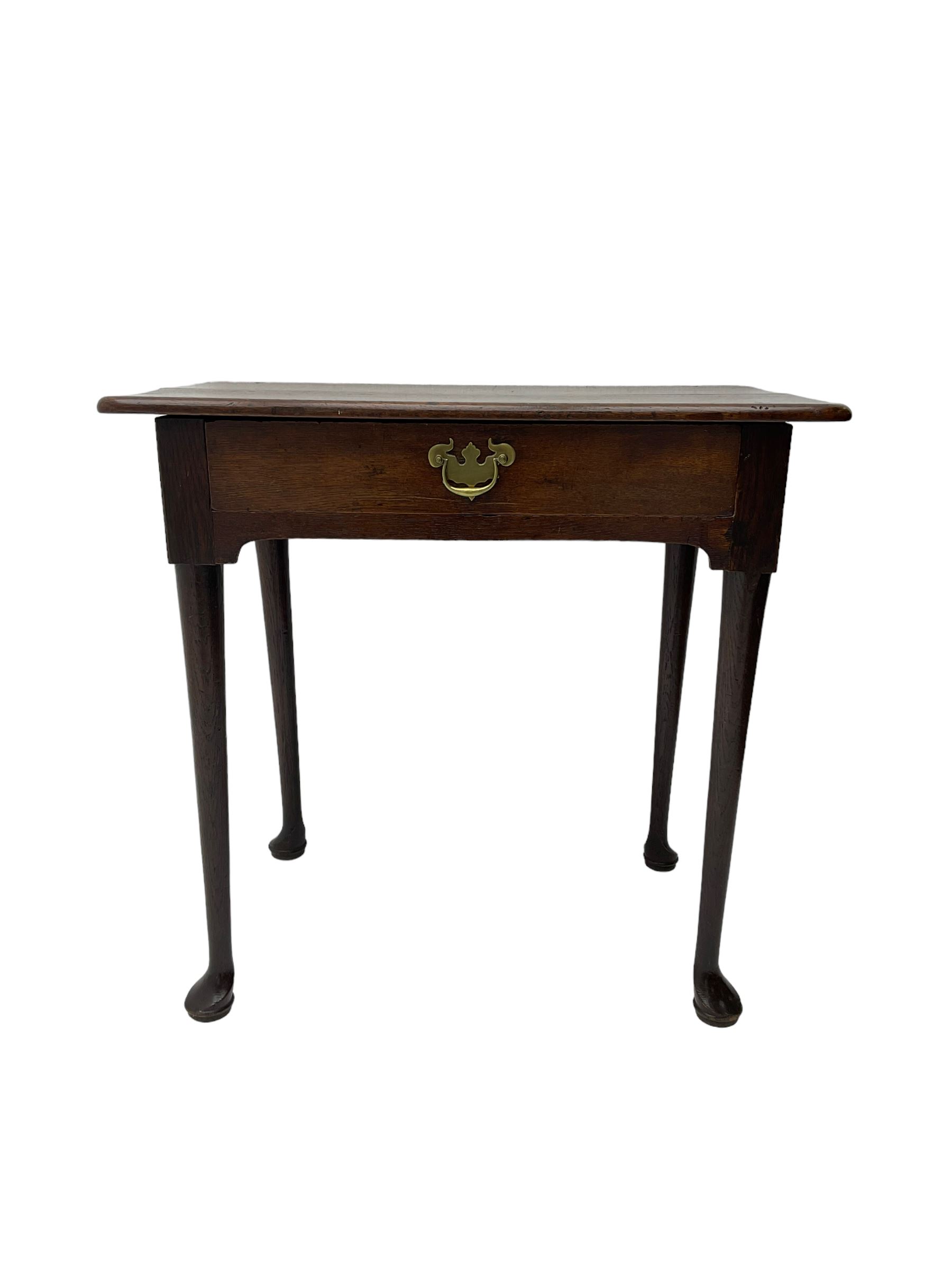George III oak low boy, fitted with single drawer, raised on tapered supports with pad feet