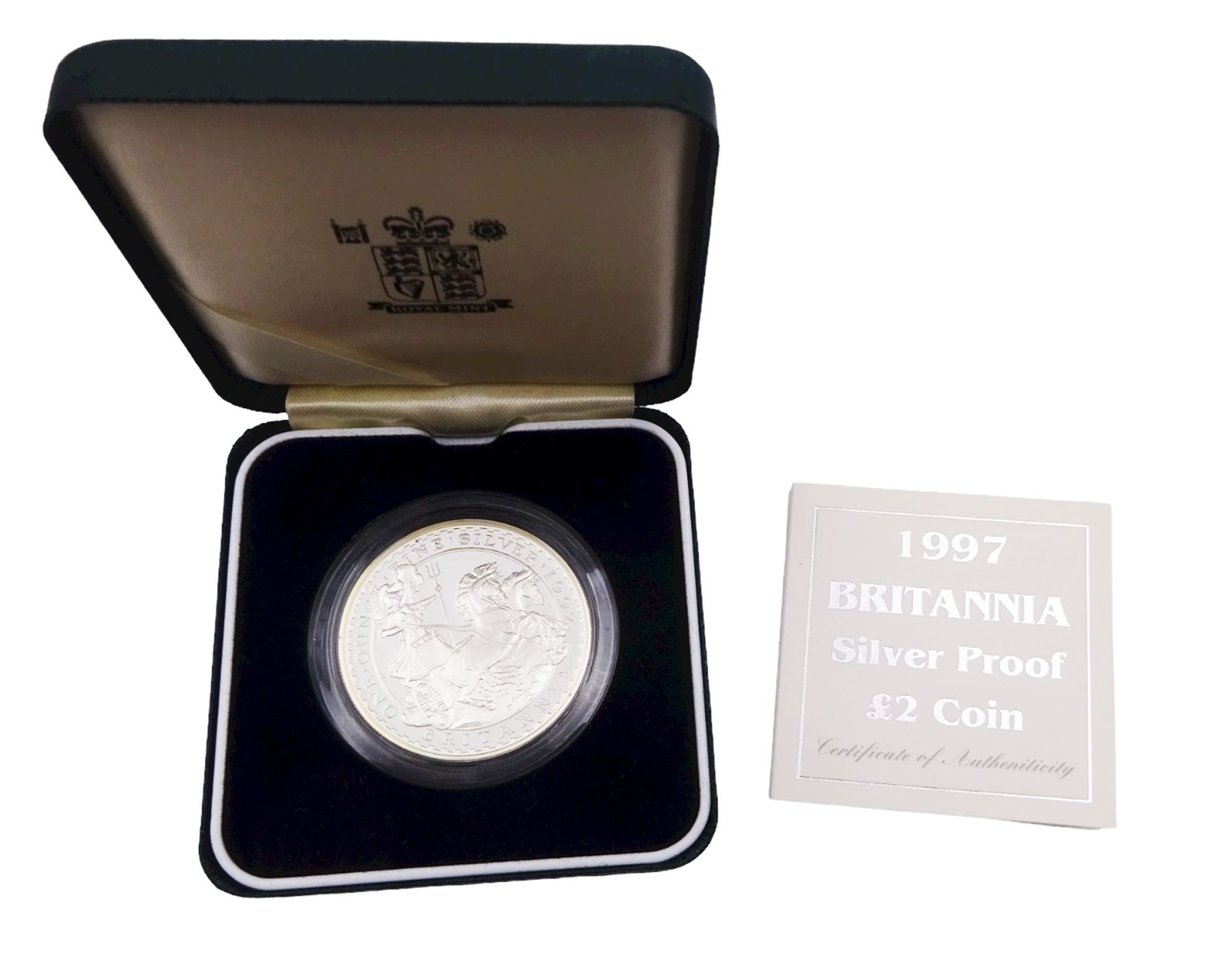 Five The Royal Mint United Kingdom silver proof coins, comprising 1994 two pound commemorating the Tercentenary of the Bank of England, 1996 five pounds commemorating Her Majesty the Queen Elizabeth II 70th birthday, 1997 two pound Britannia, 2000 'Millennium' five pound, all cased with certificate, and 1996 one pound, cased without certificate