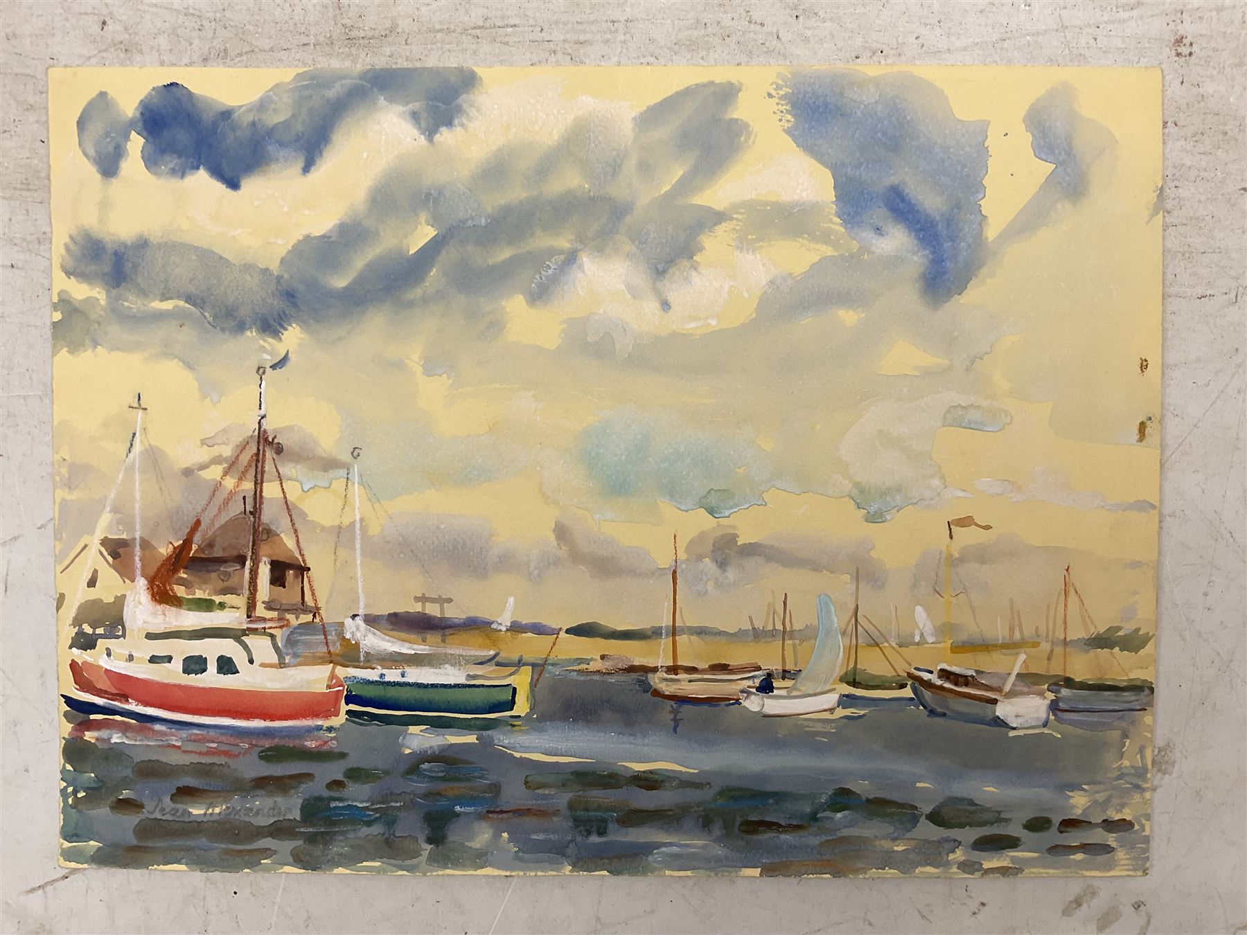 Jean Alexander (British 1911-1994): Views in Suffolk, comprising: 'Morning on the Shore - Aldeburgh July 1984', 'Sunshine on the Backwater - Aug '85 with Stephanie', 'Stormy Weather - High Sea near East Terrace Aug 1988', 'Walberswick - July 1990', 'Squally Weather near Bungay (outside Joan's house Broom Tuns) Jan 1990', 'Polzeath N. Cornwall - August 1989', and another untitled, watercolours, each signed, variously titled and dated verso, the titled 27.5cm x 37.5cm (unframed), the other 25cm x 27cm (mounted) (7)