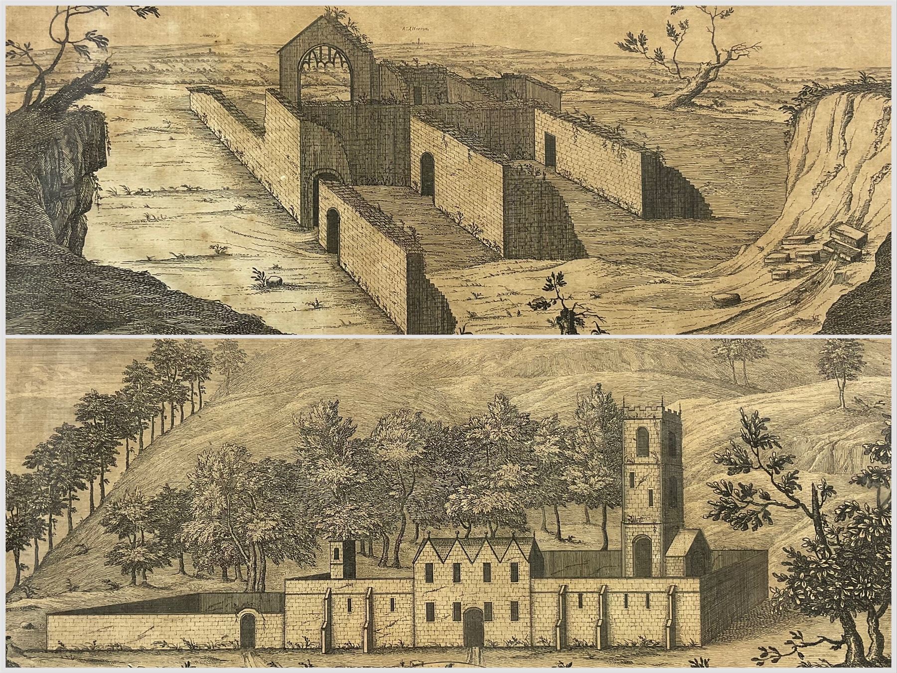 Samuel Buck (British 1697-1779): 'The West View of Mount-Grace - Yorkshire' and 'The East View of Lady's Chapel - Yorkshire', pair 19th century engravings pub. 1722, 21cm x 37cm (2)