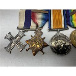 WW1/WW2 Military Cross group of five medals comprising M.C., 1914 Star with date clasp to 34156 Sjt. G. Ferguson R.F.A., British War Medal and Victory Medal with MID leaves to Major G. Ferguson, WW1 French Croix De Guerre with MID Star and WW2 Defence Medal; all with ribbons on pinned wearing bar; WW1 group of five miniature dress medals; two Royal West Kent cap badges; early 20th century silver cigarette case engraved with GF monogram and adapted as a photograph holder with image of Ferguson in civilian clothing; presentation Rotary 9ct gold cased wrist-watch with 1931 British Legion inscription verso; and archive of ephemera including 1914 MID certificate; WW2 Home Guard certificate; over twenty career spanning photographs of Regimental groups, portraits, Sandhurst etc; 1914 Commission document to 2nd Lieutenant; 11th Brigade R.F.A. Roll of Honour 1914-18; 'Soldier's Small Book'; Army Book 439 etc