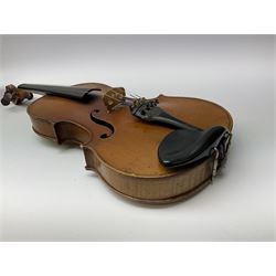 French Mirecourt violin c1920s with 36cm one-piece maple back and ribs and spruce top, labelled Jermone Thibouville-Lamy, L59cm, in fitted carrying case with German bow and 1984 valuation certificate by Frome Valley Music