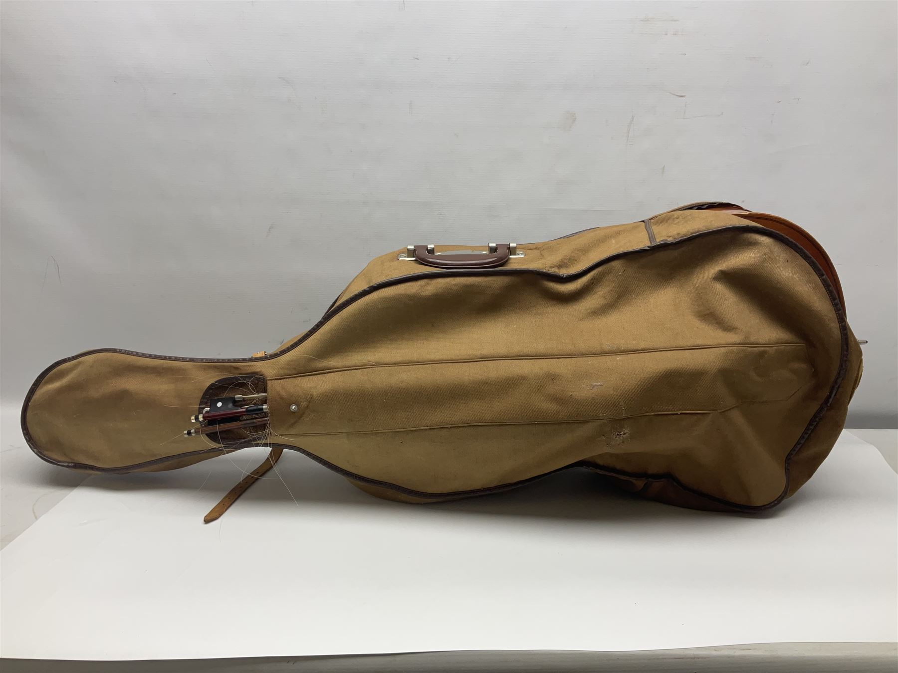 German half-size cello with 69cm two-piece maple back and ribs and spruce top; L112.5cm overall; in soft carrying case with two bows