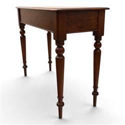 Mahogany living room furniture; mahogany console table and square upholstered mahogany stool, with hidden frieze drawer, raised on turned supports (Stool H 57cm, W 40cm)