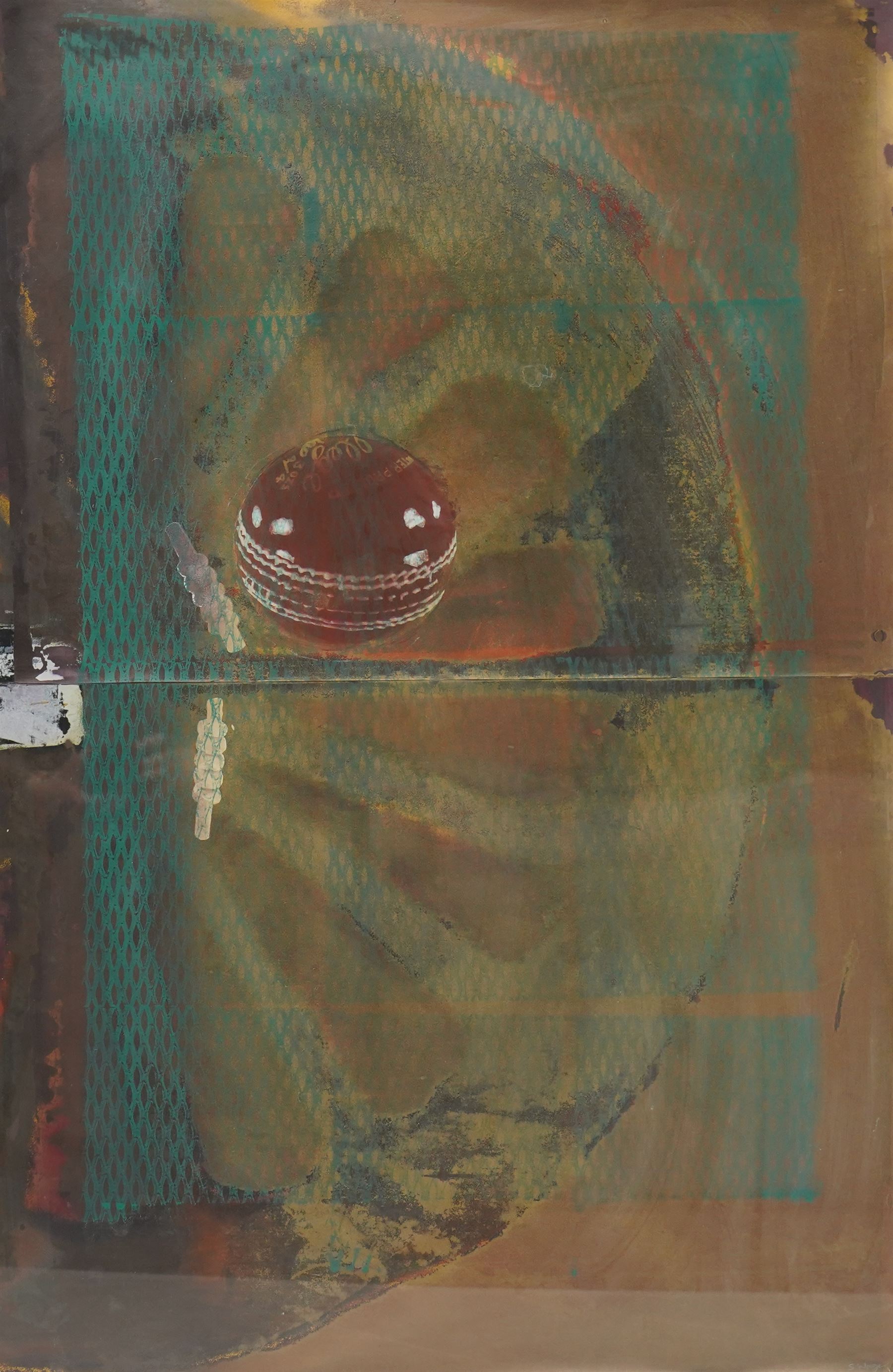 Stephen Wager (Yorkshire 20th century): 'New Ball II (Over Featherstone)', mixed media signed and titled verso 114cm x 76cm