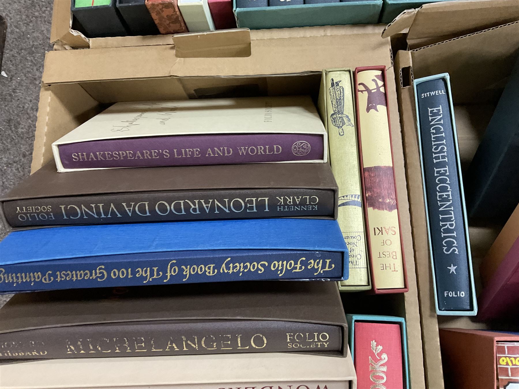 Large collection of Folio Society society books on various subjects, including Pepys Diary 1660-1669 in 3 volumes, Shakespeare eight volumes, Catherine the Great, Enigma etc, in six boxes 