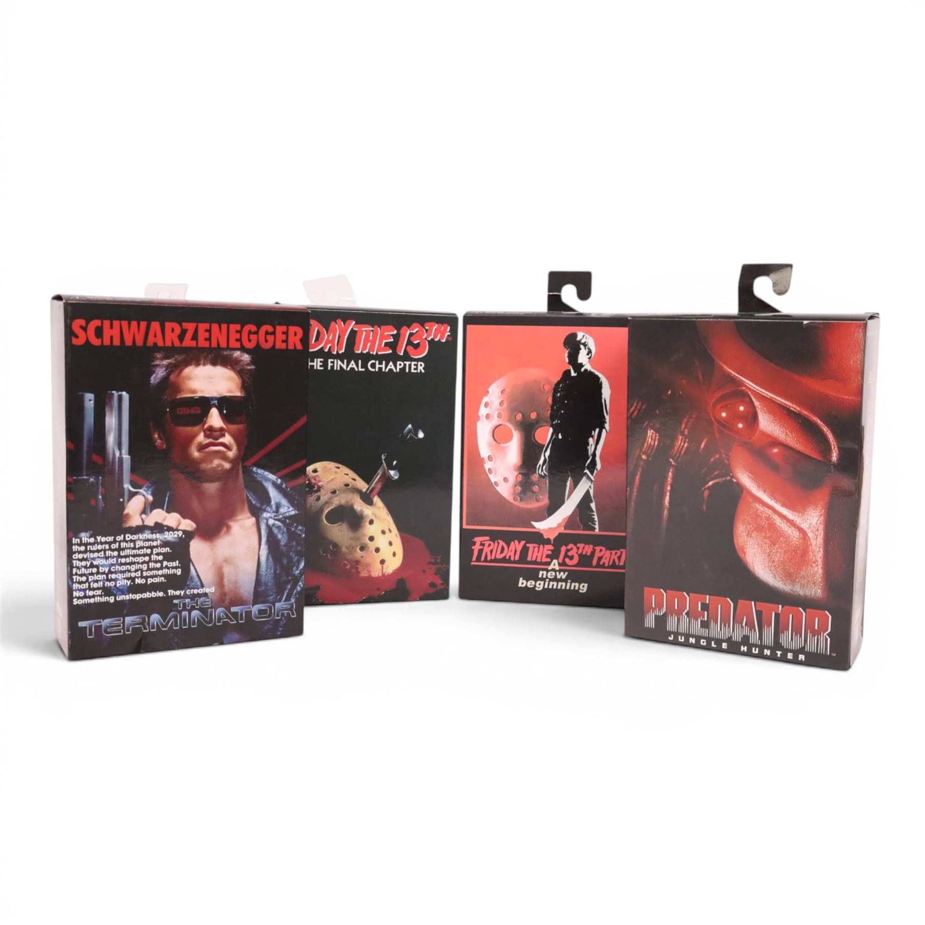 Four boxed Neca figures, comprising Friday The 13th Part V A New Beginning, Friday The 13th The Final Chapter, Predator Jungle Hunter and The Terminator, all boxed