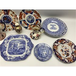 Assorted ceramics, to include two Imari plates, and other Victorian and later examples, including Royal Crown Derby Imari vase, Masons jug, and thee Spode blue and white Italian pattern plates, with black printed marks beneath, in one box 