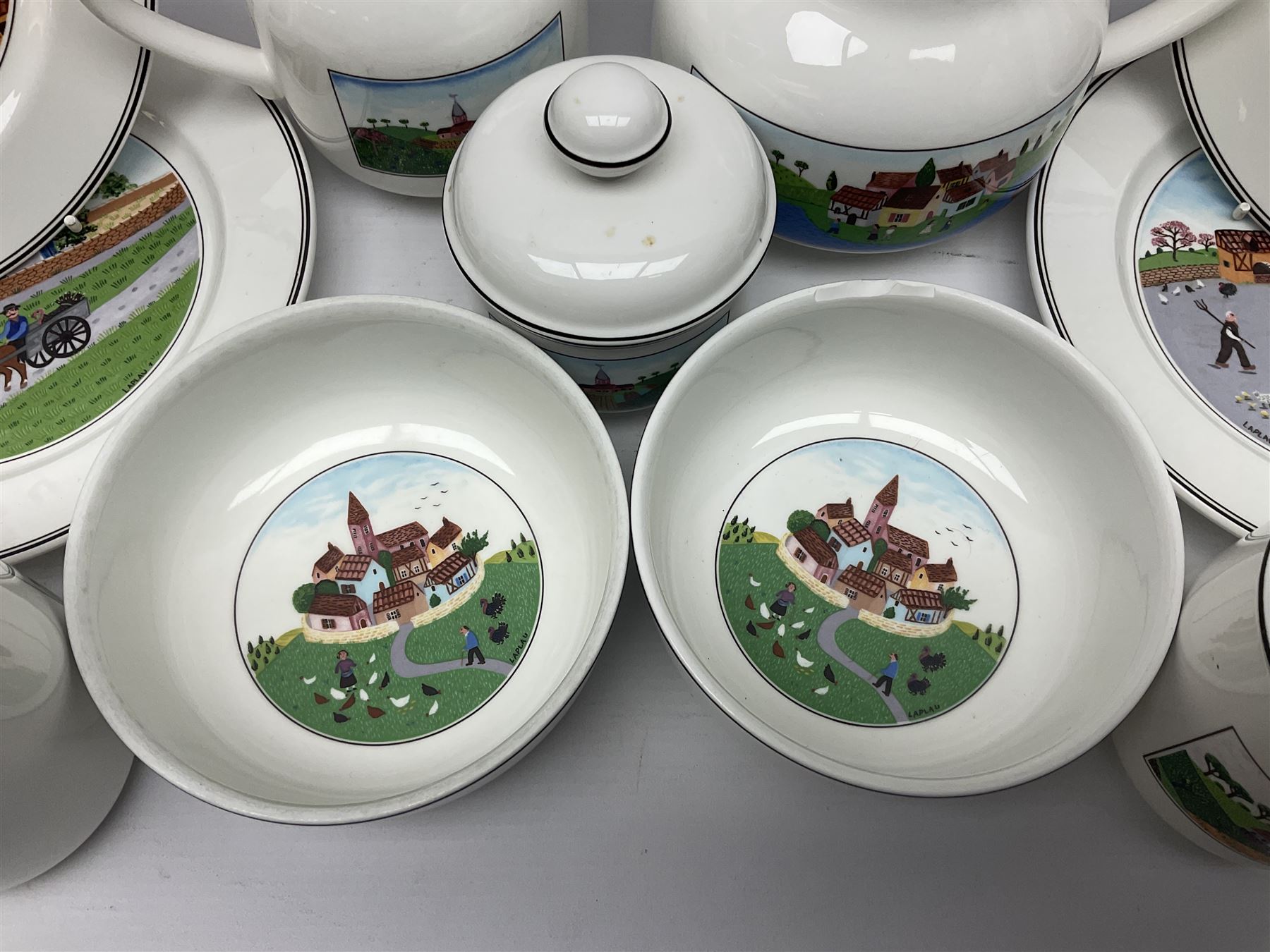 Villeroy and Boch Naif pattern tea service, comprising teapot, jug, covered sucrier, two mugs, two breakfast bowls and four side plates (11)