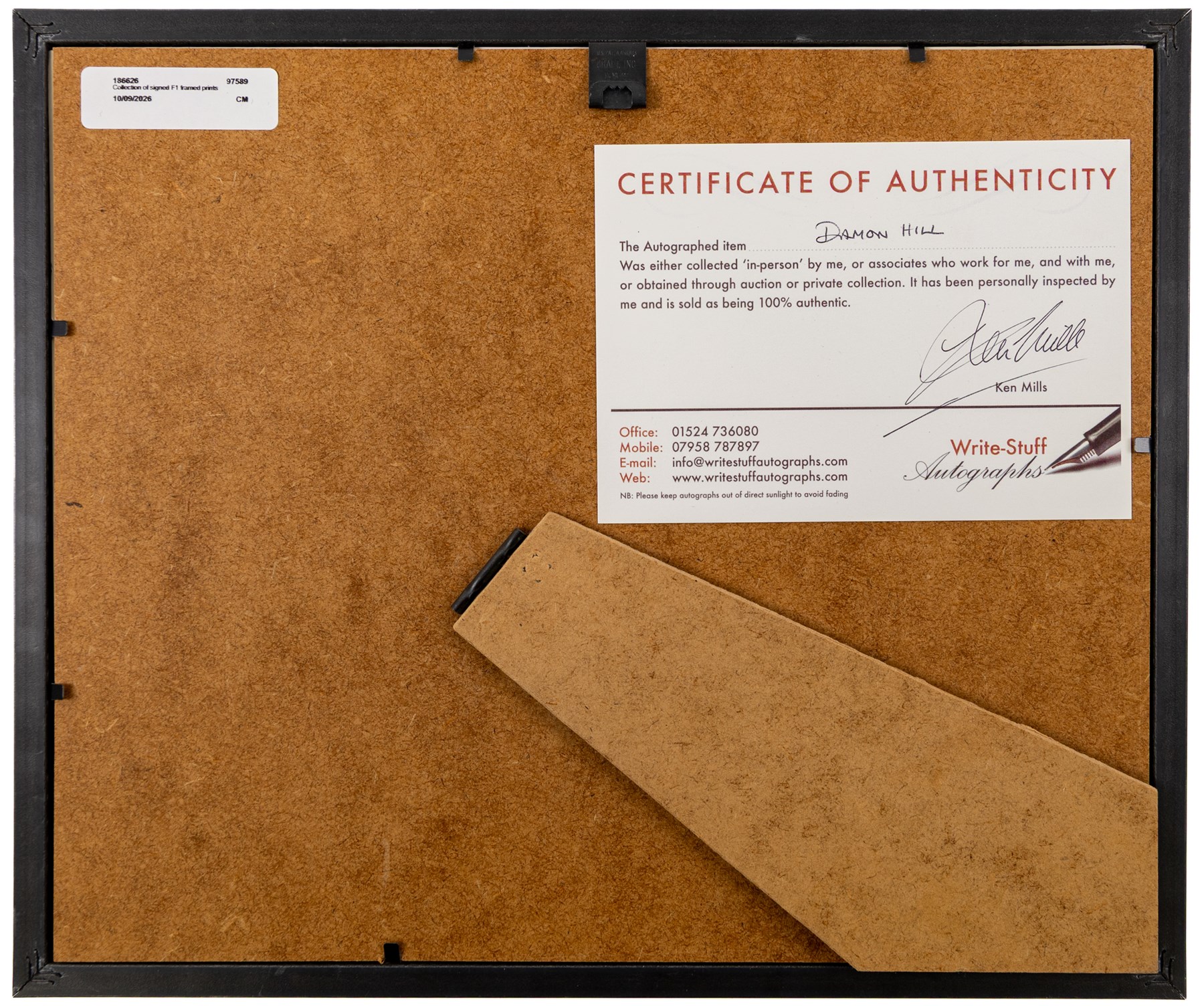 Ten signed Formula 1 photographs, comprising eight Damon Hill examples, Jenson Button and a Nigel Mansell example, nine with certificates of authenticity from Write Stuff Autographs, all framed, largest H47cm, W67cm