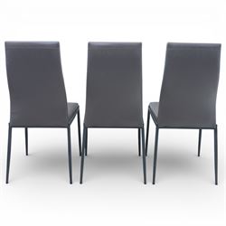 Modern composite marble effect dining table, rectangular top with simulated veining supported on a block pedestal base, accompanied by six matching dining chairs with padded seats and backs in grey upholstery on slim metal legs