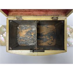 Victorian mother of pearl and abalone tea caddy, of rectangular bow fronted form upon four compressed bun feet, the hinged cover opening to reveal a twin compartmented interior with mother of pearl covers over interiors with remnants of zinc lining, H9.5cm L14.5cm D9cm