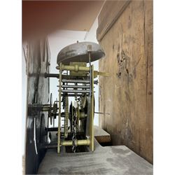 John Fletcher of Barnsley - Mid18th century 30-hour oak cased longcase clock, with a flat pediment and broad cornice, square hood door with attached pillars and gesso capitals, long trunk and conforming door with a break arch top, square plinth on a shaped base, brass dial with cast spandrels and engraved dial centre, chapter ring with Roman numerals and five minute Arabic’s, engraved calendar dial and steel hands, chain driven count wheel movement striking the hours on a bell. With pendulum and weight. The Fletcher family were a prolific family of clockmakers working in Barnsley (Yorks) during the 18th and early 19th century.