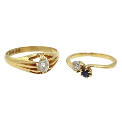 Early 20th century 18ct gold single stone diamond ring, London 1913, diamond approx 0.25 carat and an 18ct gold diamond and sapphire crossover ring
