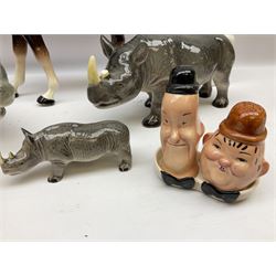 Beswick model of a seated bulldog, model no. 1872, Beswick Laurel & Hardy cruet set on stand, no. 575, Melba Ware animal figures to include large horse, hippo, rhino, USSR tiger cub figure, other ceramics to include Mason's lidded jar etc