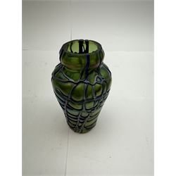 Three Austrian Art Nouveau Kralik iridescent glass vases, to include two of squat baluster form and a taller example, all green with threaded vein decoration to body, tallest H13.5cm
