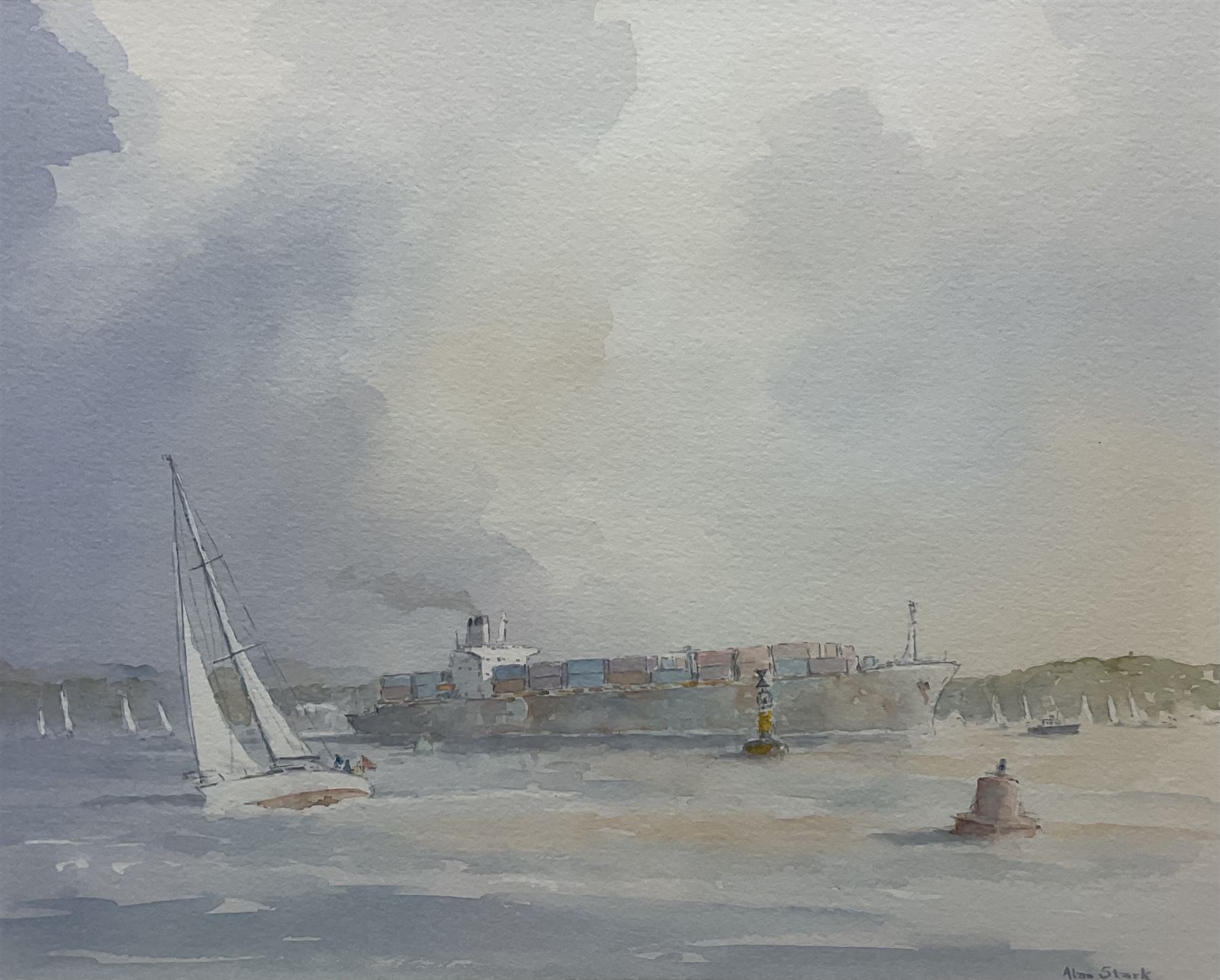 Alan Stark (British 20th century): Penzance Sailing Ship at Full Sail and Container Ship off Shore, pair watercolours signed 23cm x 29cm (2)