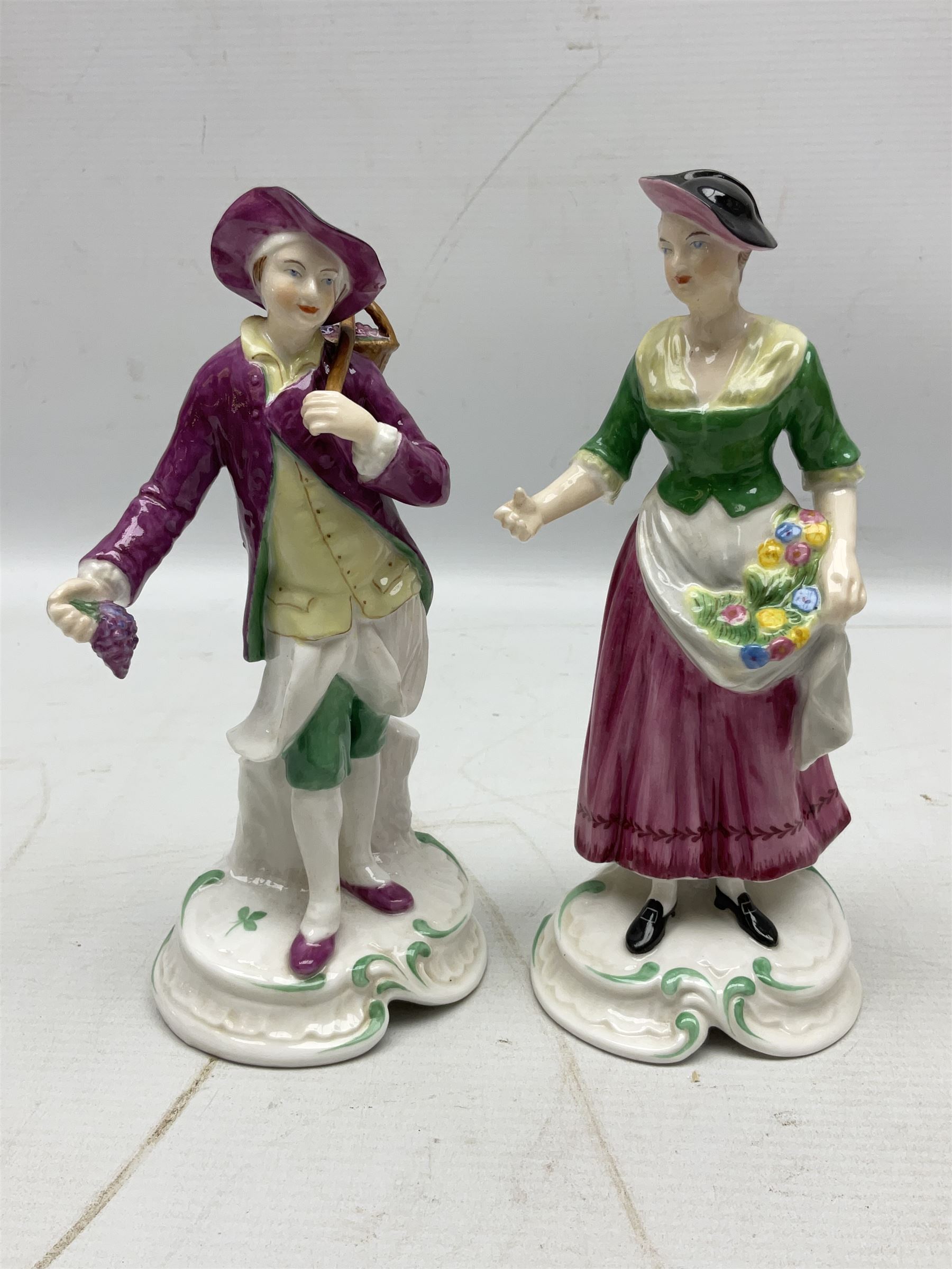 Seven Spode Chelsea figures, comprising no.1, no.2, no.3, no.4, no.6 and two further smaller examples, together with a Dresden figure of a gentleman, no. K10003, and a Delft style figure of a boy, some with boxes, tallest H23cm (9)