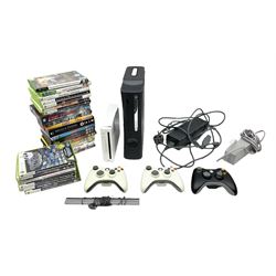 Xbox 360 console, with three controllers and games, together with a Wii console and DVDs