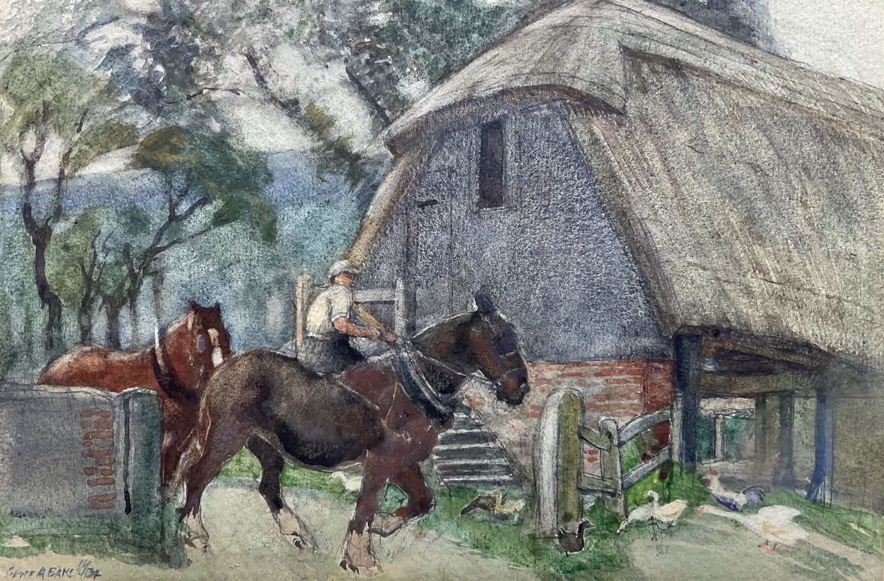 Geoffrey Alan Baker (British 1881-1959): Horses by a Barn, watercolour and dated 1934, 17cm x 25cm
Notes: Baker studied Canterbury Art School and Royal College of Art, later became Principal Bournemouth Art School