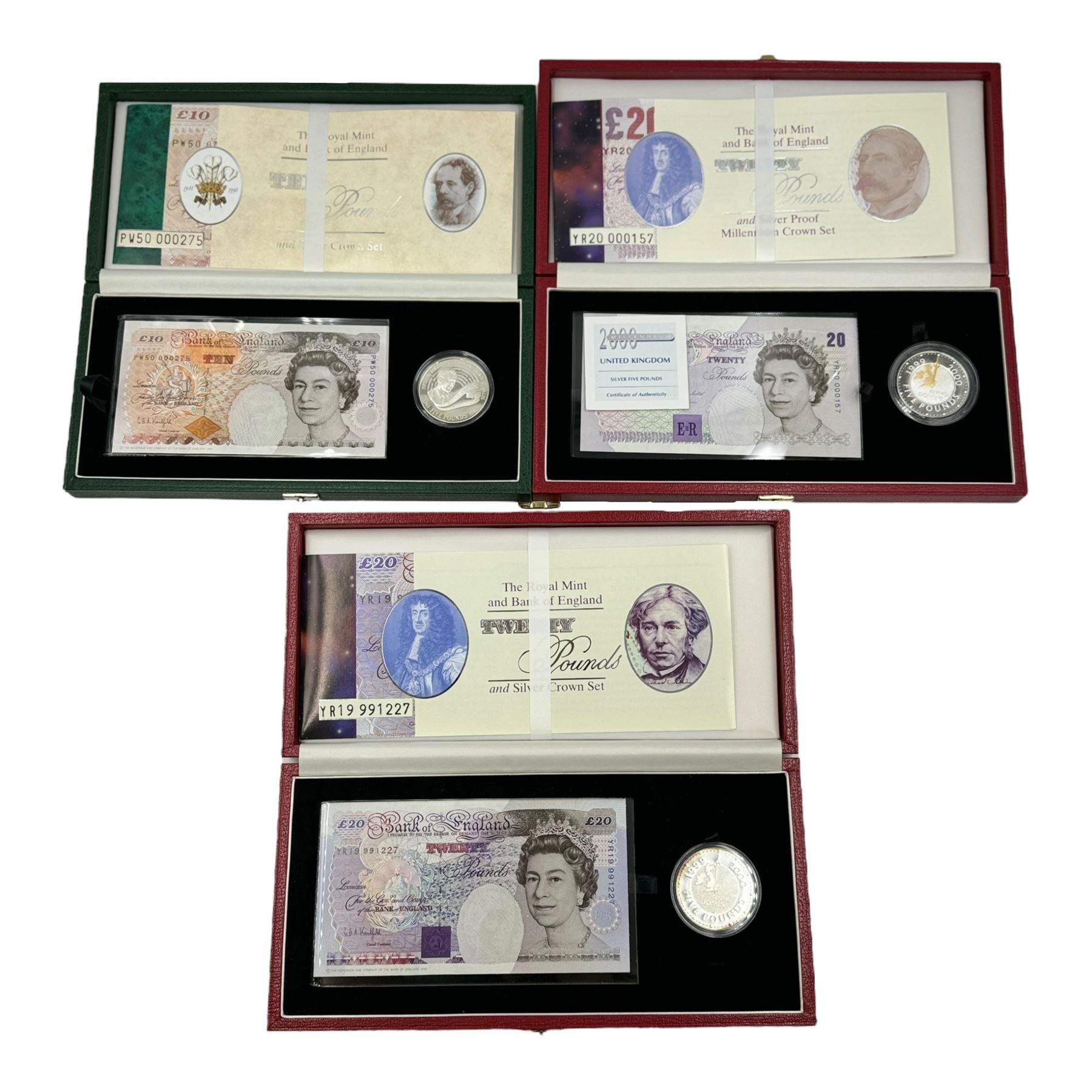 Three The Royal Mint and Bank of England silver proof five pound coin and banknote sets, comprising Kentfield ten pounds 'PW50' with 1998 five pound coin, Kentfield twenty pounds 'YR19' with 2000 five pound coin and Lowther twenty pounds 'YR20' with 2000 five pound coin, all cased with certificate