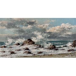 Otto Klar (Austrian 1908-1994): Waves Breaking on a Rocky Shoreline, oil on board signed 18cm x 34cm