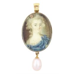 18th/ 19th century portrait pendant, set with an oval miniature of a woman wearing a blue ...