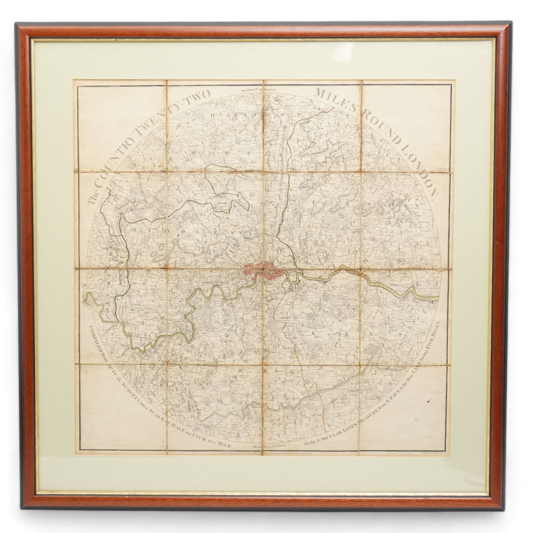 John Wallis (British 1745-1818) 'The Country Twenty-Two Miles Round London', 18th century engraved folding map with hand-colouring pub. 1783, 60cm x 60cm