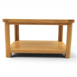Modern oak living room set comprising; a small side cabinet, corner TV stand and coffee table, cabinet with single drawer and cabinet, finished with metal handles (H 80cm, D 32cm, W 80cm), TV stand with open recess and rear aperture for wires, above nine drawers with chrome pulls (H 62cm, D 50cm, W 84cm)  coffee table with curved edges and full length undertier (H 50cm, D 60cm, W 90cm)  