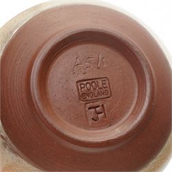 Poole pottery 'Atlantis' vase by Jenny Haigh with brown speckled decoration on a beige and brown ground signed and numbered A5/1 H9cm and a Cobridge stoneware vase with plum coloured drip glaze H23cm date code 2002 (2) 