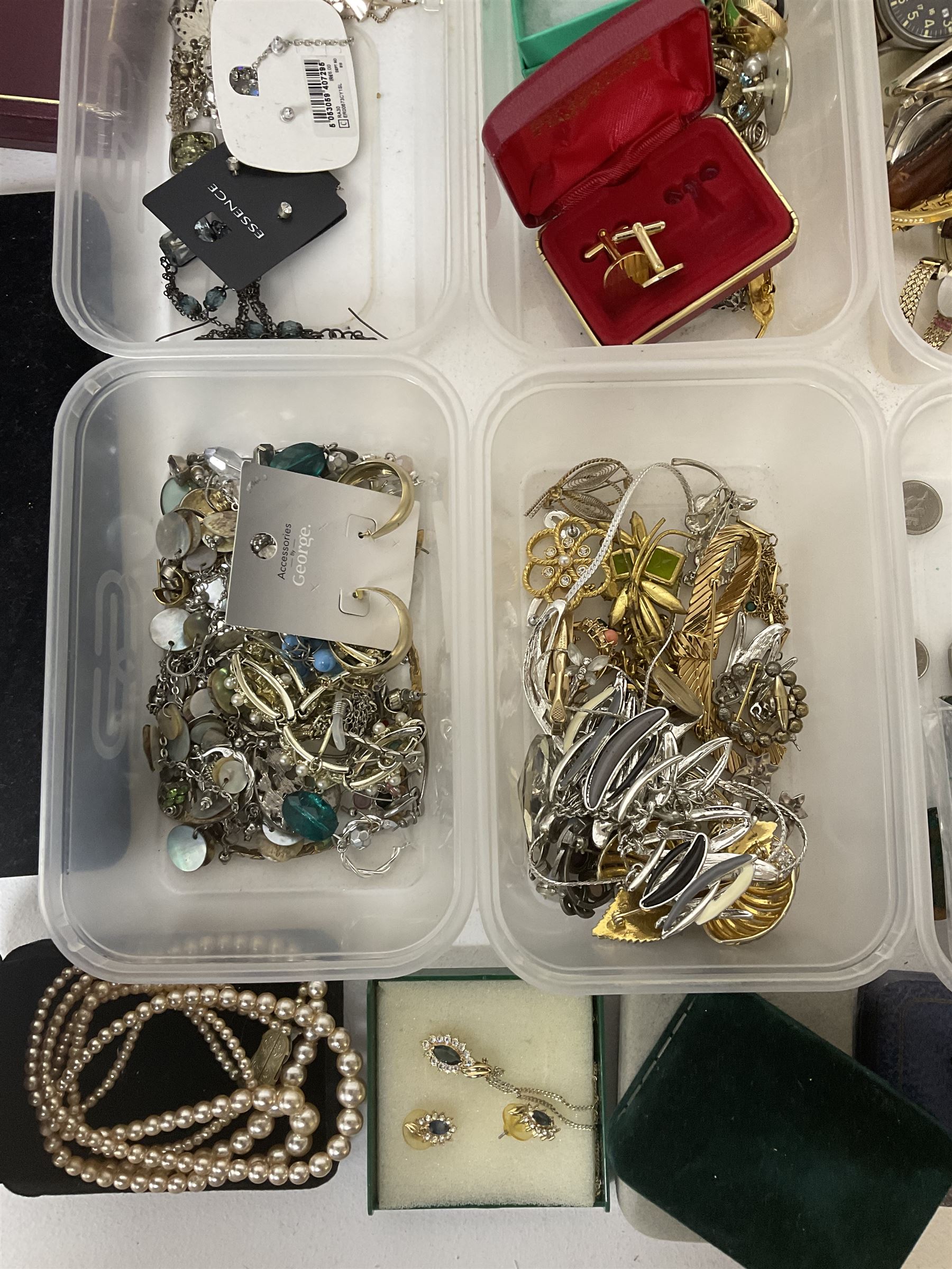 Collection of costume jewellery, including earrings, beaded necklaces, bracelets, wristwatches and boxes 