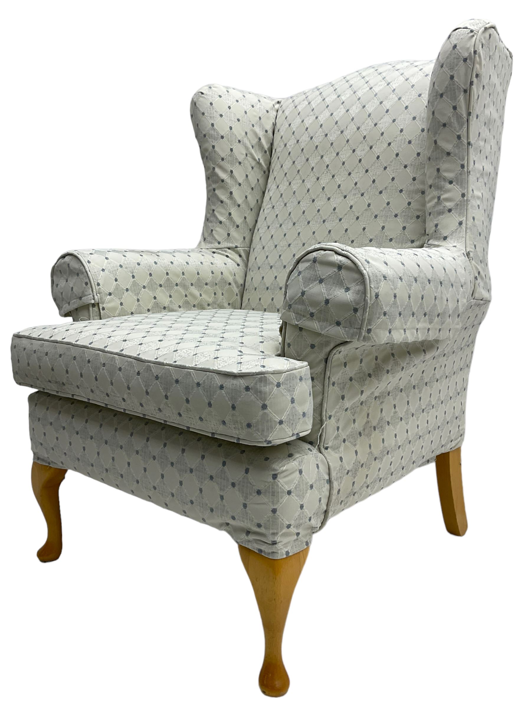 Multi-York - hardwood framed wingback armchair, upholstered pale blue lozenge pattern fabric, on light beech cabriole feet - 6 months old