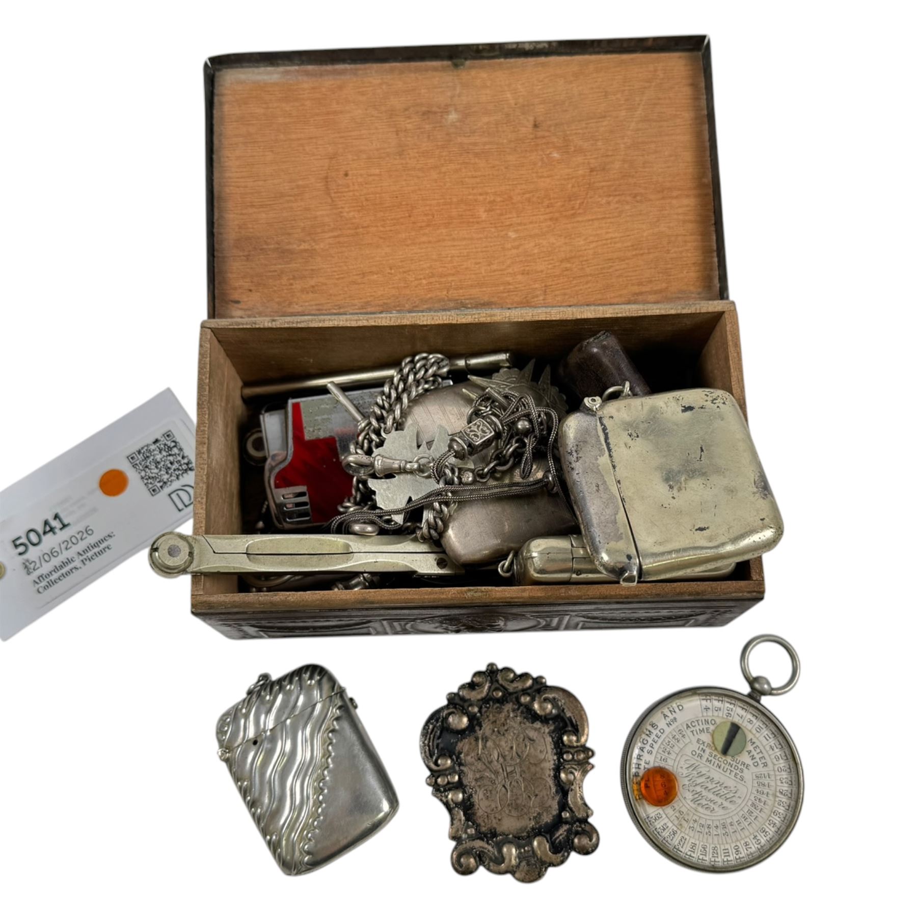 Silver Albert chain, silver Albertina chain, both with base metal fobs attached, silver plaque stamped 830 and a collection of silver plated vesta cases, knives etc