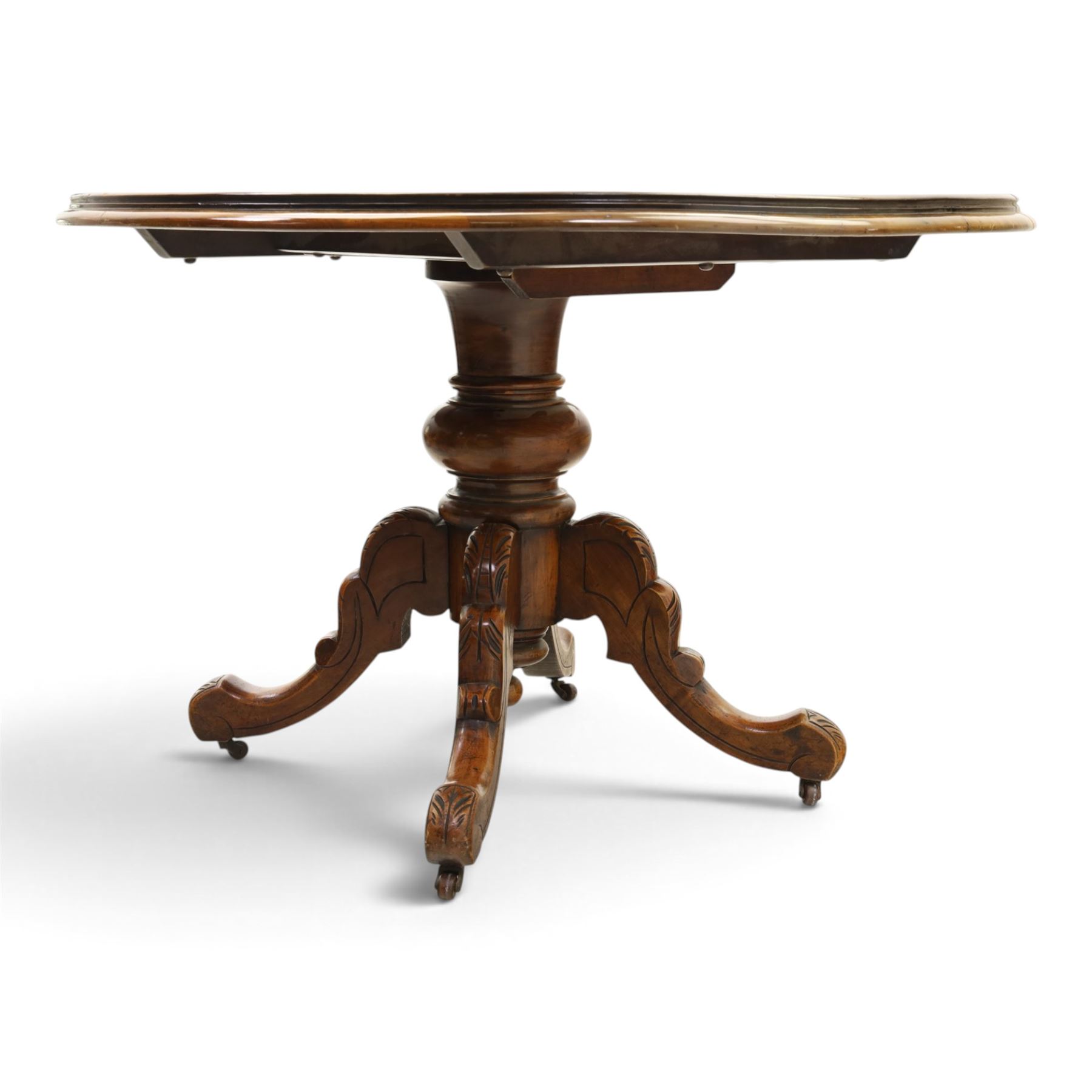 Victorian mahogany oval centre table, turned base with four carved splay legs (no fittings)
