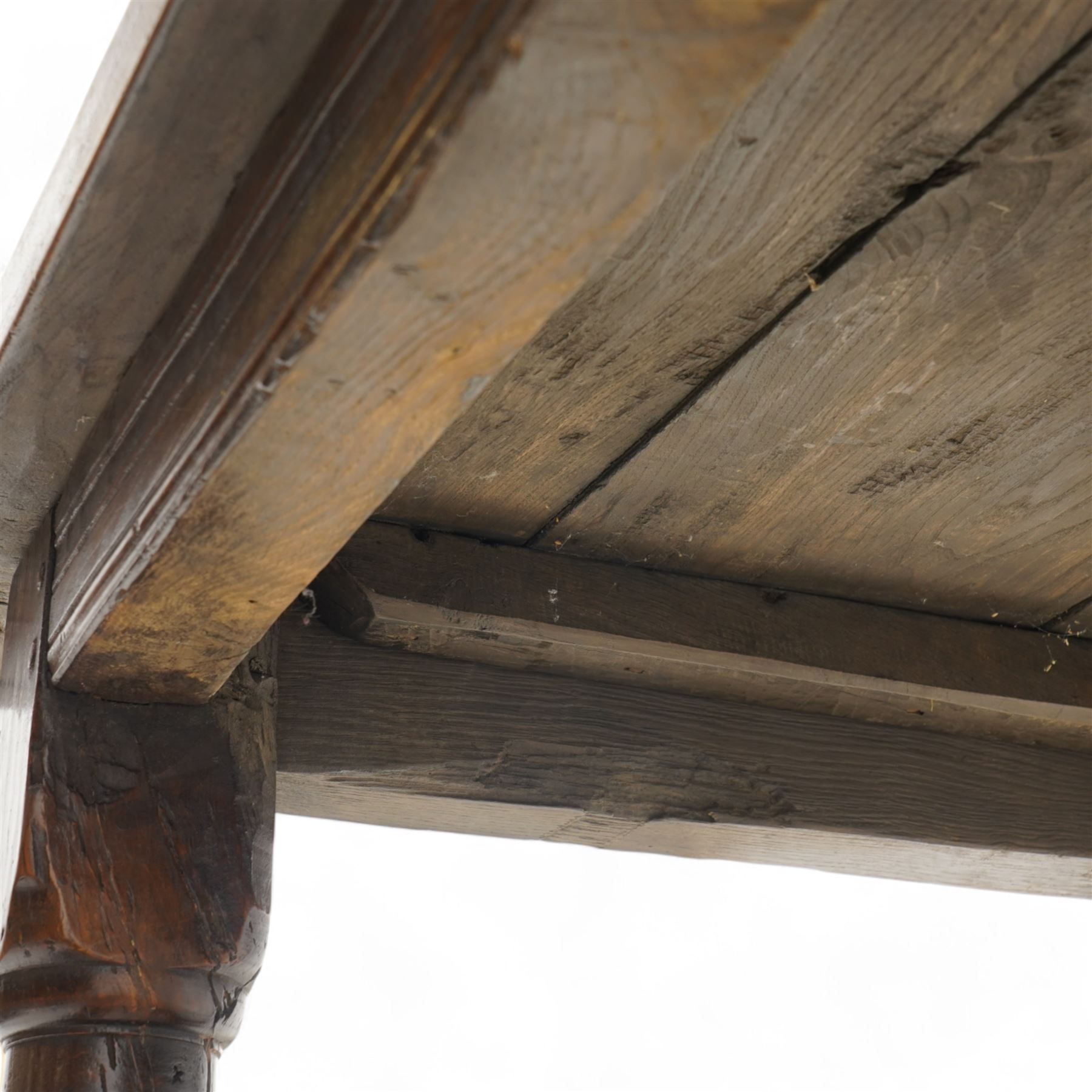 Jacobean design elm and oak refectory dining table, rectangular three plank top with cleated ends, moulded frieze rails on turned supports united by moulded stretcher rail
