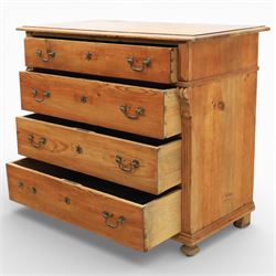 Late Victorian pine chest of drawers, the moulded top above four long drawers with brass drop handles and flower head escutcheons, flanked by pilasters, upon four turned compressed bun feet, 89cm x 103cm x 54cm