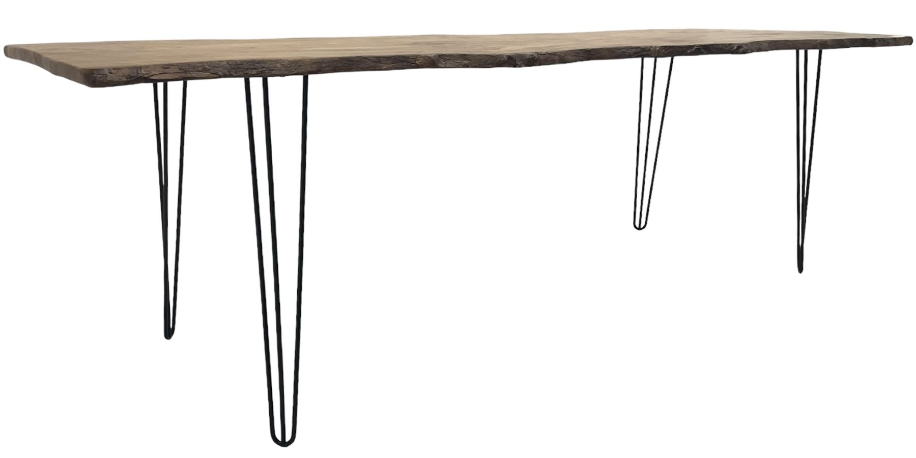 Rustic elm slab dining table, raw edge rectangular plank top, on black finish out-splayed supports 