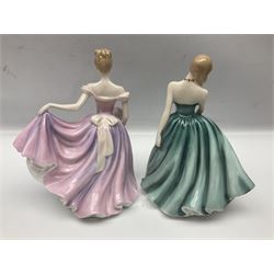 Six Royal Doulton figures, comprising Romance HN2430, Sarah HN3978, Rachel HN3976, Patricia HN3365, Elizabeth HN4426 and Reverie HN2306, all with printed mark beneath  