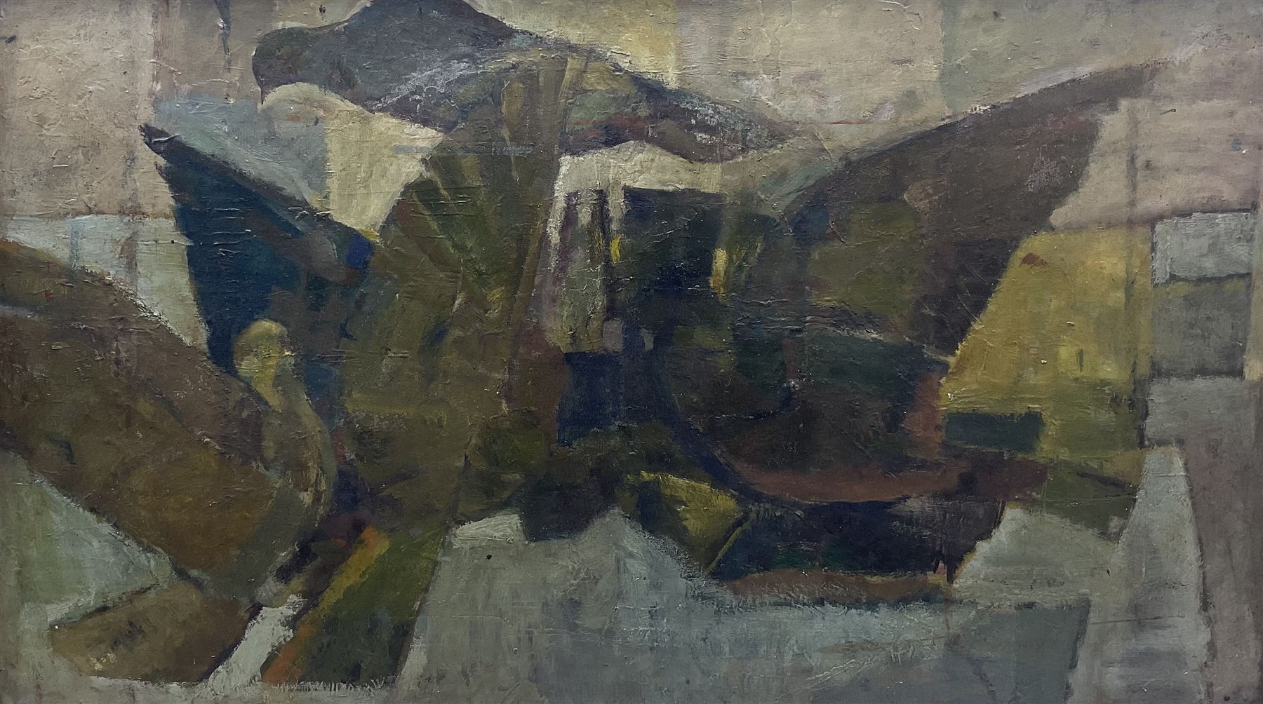 David Williams (Northern British mid 20th century): 'Pigeons', oil on board unsigned, exhibition label verso 59cm x 102cm 
Provenance: exh. Cartwright Hall Art Gallery, Bradford 1961 No.151, where sold for £40, label verso. We are grateful to Bradford District Museums and Galleries for their assistance in cataloguing this lot.