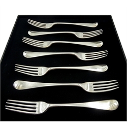 Five George III silver dinner forks, Old English pattern by Richard Crossley, London 1800 and two other similar forks London 1792 and 1817, approx 15.2oz (7)