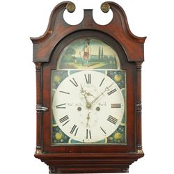 Robert Miller of Perth-Mid 19th century 8-day Scottish mahogany longcase clock c1850 with a swan necked pediment and break-arch hood door beneath, flanked by ring turned pilasters with brass capitals, trunk with full-length recessed barley twist columns, moulded panels and a shaped door with a recessed panel, on a conforming plinth with a decorative base, fully painted dial with depictions of fruit to the spandrels and an image of a gardener to the arch, with Roman numerals, subsidiary seconds and date dials, makers name and original stamped brass hands, dial pinned to a two train weight driven movement with rack striking and a recoil anchor escapement, striking the hours on a bell. With pendulum and weights.   The pendulum bob is fully painted with a depiction of a country cottage, this is an interesting feature only found on Scottish longcase clocks from the 19th century. 
Robert Miller is recorded as working from New Row, Perth in 1841.