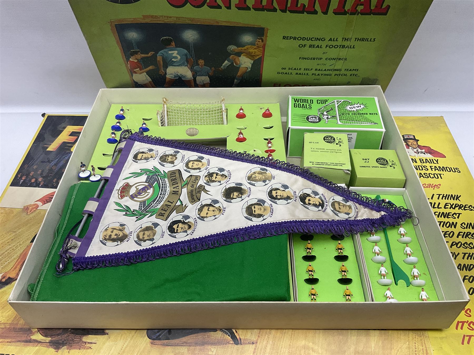 Subbuteo - three boxed sets comprising Football Express with two five-a-side teams and floodlighting; Continental with four teams and accessories; and International Edition Table Rugby with two teams; together with a Real Madrid 1974-75 League Champions pennant (4)