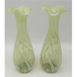  Pair 19th century Stourbridge Vaseline glass vases in the Horse Chestnut Leaf pattern, possibly Richardsons H32cm   