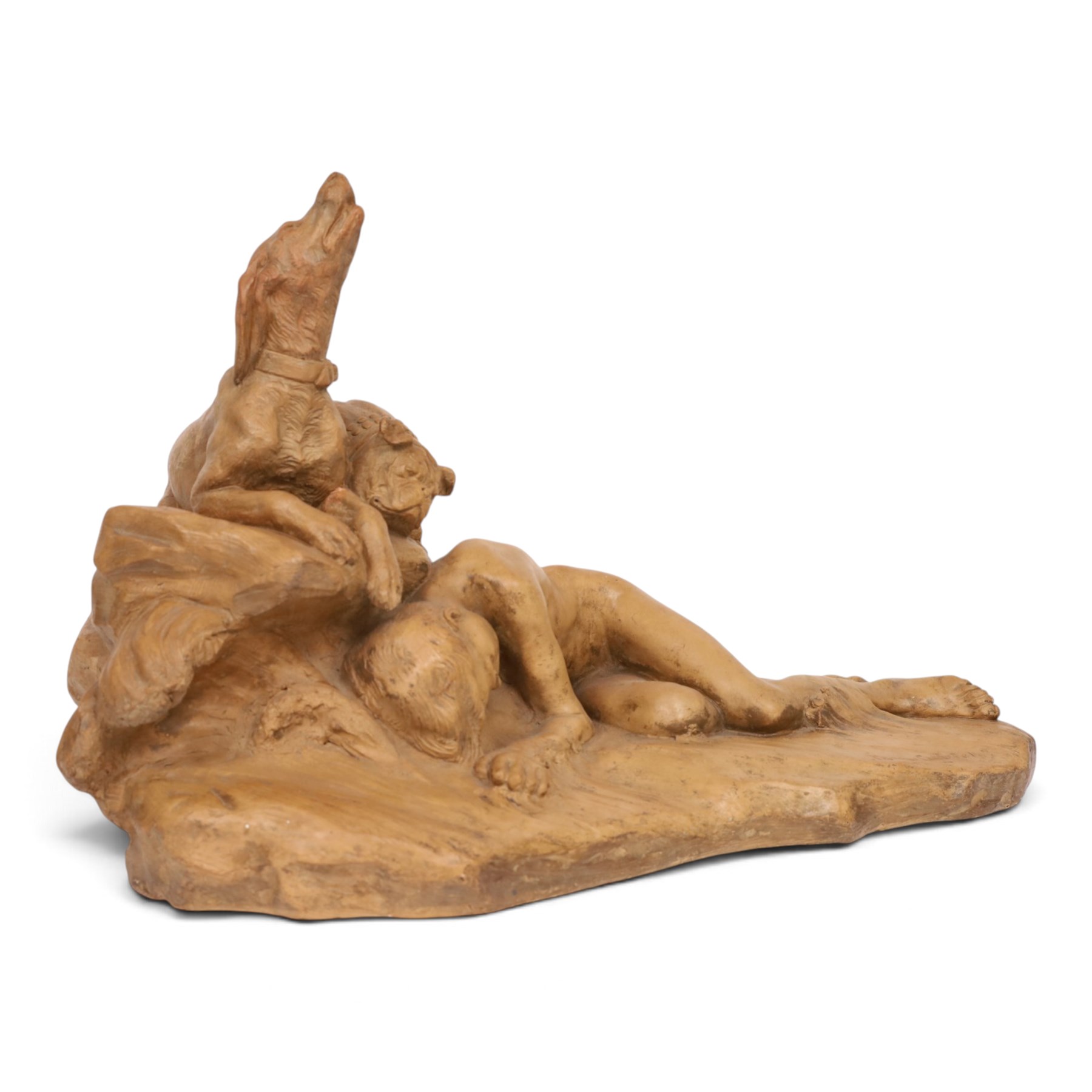 Thomas Cartier (1879-1943); terracotta sculpture of a boy sleep watched over by two dogs, signed to base, H40cm